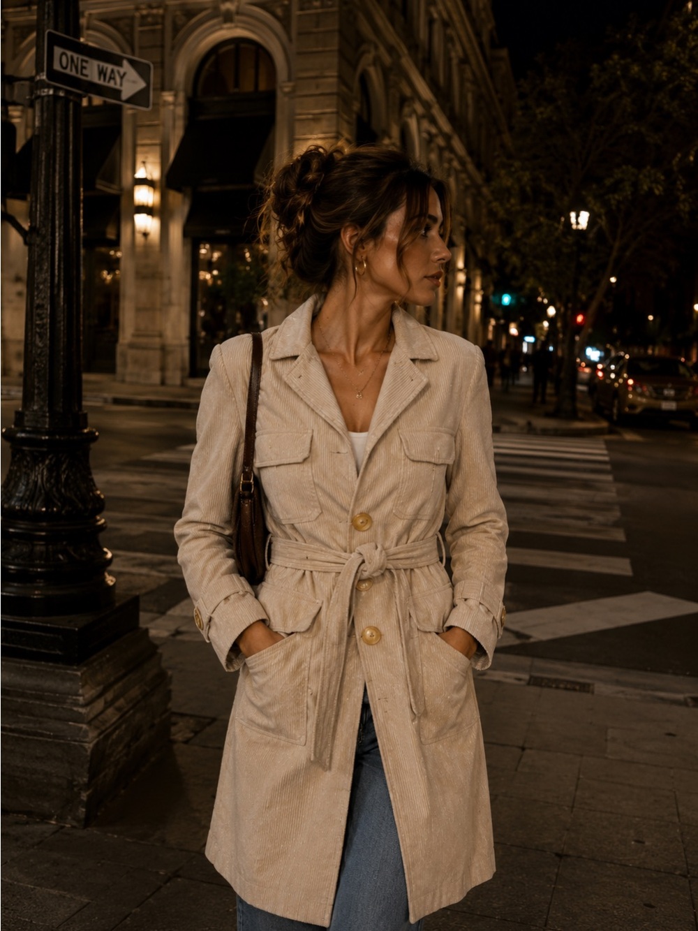 Express Beige Corduroy Belted Trench Jacket - Picture 2 of 6